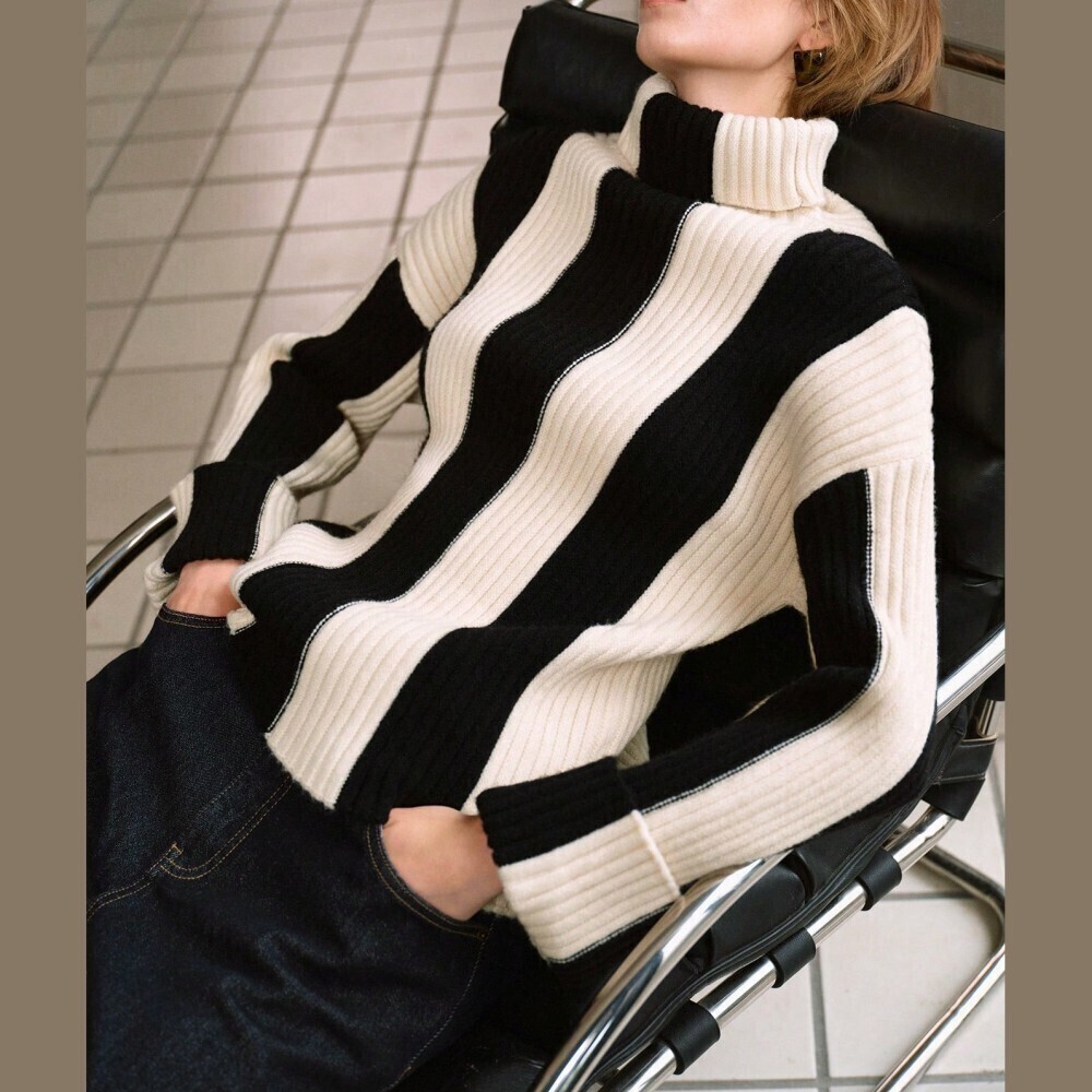 White / Black Vertical Stripe Ribbed Knit Turtleneck Oversized Sweater